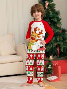 Young Boy Christmas New Round Neck Long Sleeve Teddy Bear & Deer Print Loungewear Set