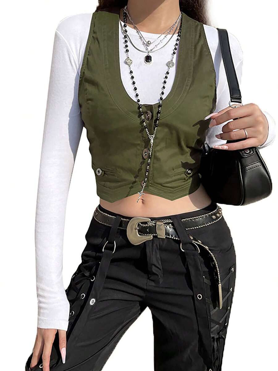 Women Irregular Short Vest, Adults Button-Down Solid Color U-Shaped Neck Cardigan - Army Green - View 1