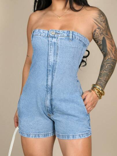 Macaquinho Jeans Feminino Tomara que Caia Jardineira