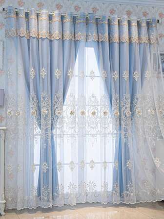 1pc European Minimalist Style Blue French Lace Embroidered Luxurious Embossed Sheer Voile Curtain, Embroidered Fabric Shading, Heat Insulation