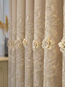 1pc Elegant Beige Lace Embroidered Curtain, Lightweight Voile Fabric With Embossing, Provides Privacy And Heat Insulation - Beige - View 5