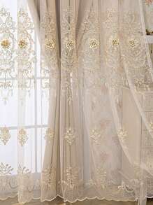 1pc Elegant Beige Lace Embroidered Curtain, Lightweight Voile Fabric With Embossing, Provides Privacy And Heat Insulation - Beige - View 8