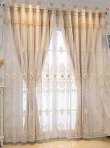 1pc Elegant Beige Lace Embroidered Curtain, Lightweight Voile Fabric With Embossing, Provides Privacy And Heat Insulation - Beige - View 4