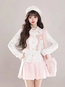 女士甜美柔软蝴蝶结设计彩虹圆点针织开衫 - 白色 - 查看 3