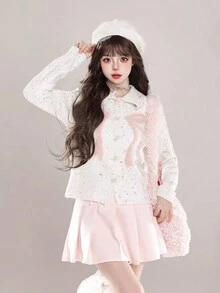 女士甜美柔软蝴蝶结设计彩虹圆点针织开衫 - 白色 - 查看 1