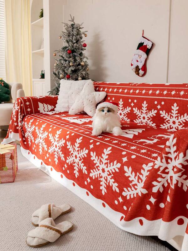 1pc Christmas Flannel Sofa Blanket, Snowflake Pattern Warm Sofa Throw, Pet Friendly Anti-Scratch Sofa Cover Washable, Home Decor Suitable For L-Shaped Combo Sofa And 1/2/3/4 Seater Sofa (Sold Separately), Christmas Gift & Decor