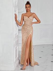 Elisanya Robe de soirée de banquet avec plissé à la taille, fente haute et bretelles spaghetti pailletées. Robe pour invité de mariage, robe de cérémonie, robe de soirée - Champagne - Voir 4