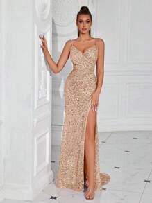 Elisanya Robe de soirée de banquet avec plissé à la taille, fente haute et bretelles spaghetti pailletées. Robe pour invité de mariage, robe de cérémonie, robe de soirée - Champagne - Voir 5