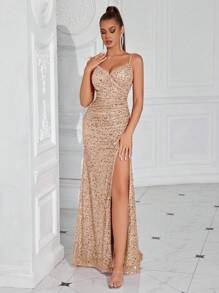 Elisanya Robe de soirée de banquet avec plissé à la taille, fente haute et bretelles spaghetti pailletées. Robe pour invité de mariage, robe de cérémonie, robe de soirée - Champagne - Voir 1
