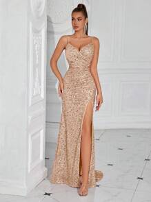 Elisanya Robe de soirée de banquet avec plissé à la taille, fente haute et bretelles spaghetti pailletées. Robe pour invité de mariage, robe de cérémonie, robe de soirée - Champagne - Voir 6