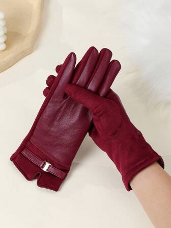 1 par de guantes de dedo completo de color borgoña sólido, de poliéster, de estilo casual y elegante, adecuados para otoño/invierno, exterior, boda