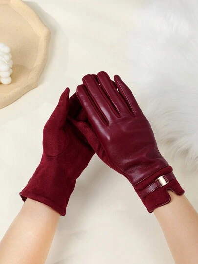1pair Women's Burgundy Solid Color Casual Elegant Polyester (Polyester) Full Finger Gloves, Suitable For Autumn/Winter, Outdoor, Wedding