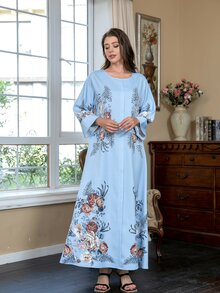 High-Density Rhinestone & Beaded Middle East Style Elegant Round Neck Flare Sleeve Robe - Baby Blue - View 4