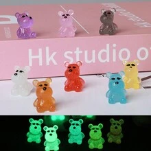 6 件/套 0.75 英寸可爱夜光迷你熊，创意汽车装饰钥匙扣吊坠背包挂钩桌面风景，树脂夜光 DIY 材料配件 - 彩色 - 查看 2