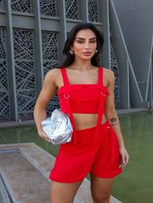 Shorts, Skirt And Tailored Crop Top Set - Đỏ - Xem 4