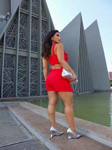Shorts, Skirt And Tailored Crop Top Set - Đỏ - Xem 1