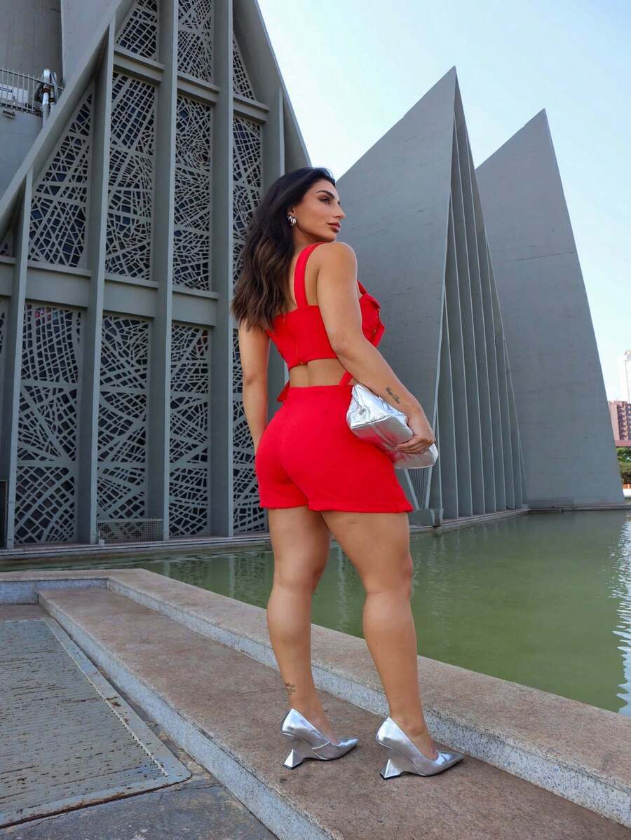 Shorts, Skirt And Tailored Crop Top Set - Đỏ - Xem 1