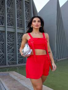 Shorts, Skirt And Tailored Crop Top Set - Đỏ - Xem 3