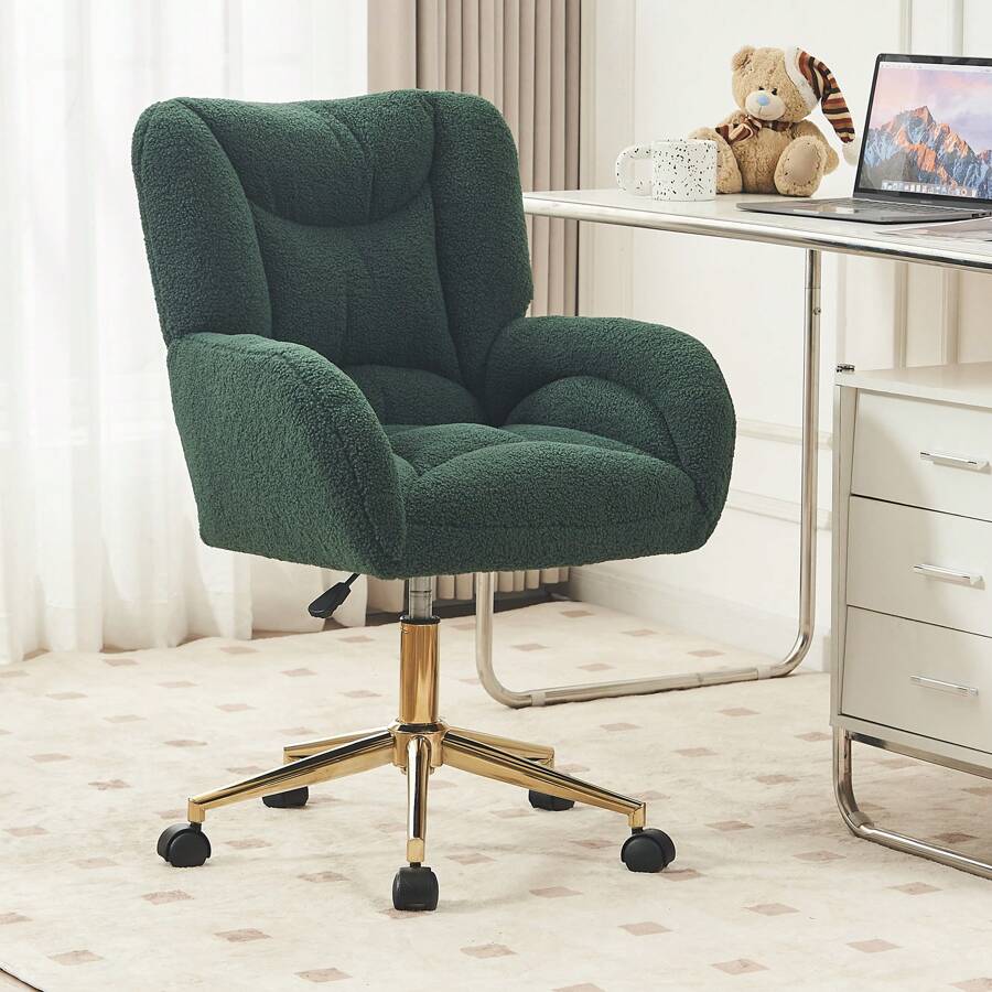 Licosa Home Office Chair Adjustable Comfy Office Chair With Wheels And Arm 360°Rolling Swivel Chairs For Office Soft Teddy Computer Chairs With Gold Metal Base Ergonomic Desk Chair For Adults - Green+Teddy+Foam - View 1