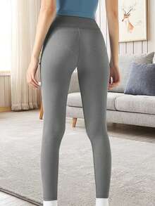 Quần legging cạp cao màu trơn dành cho nữ, quần thể thao co giãn. - Màu xám đen - Xem 2