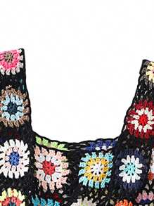 Womens Crochet Tank Top Knit Colorful Floral Embroidery Summer Boho Camisole Hollow Out Top - 黑色 - 查看 2