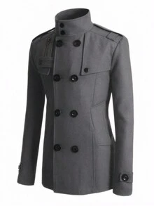 Abrigo de tweed con solapa y doble botonadura para hombre de negocios, de estilo británico de color sólido bolsillos dobles Slim gabardina chaqueta, otoño e invierno cálido abrigo de manga larga marido urbano - Gris - Ver 8