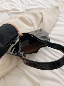 小众韩版黑色漆皮新月形单肩包，女士手提包，时尚腋下包 - 黑色 - 查看 4