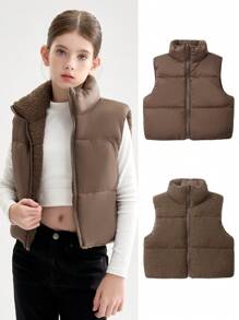 少女双面无袖短款冬季羽绒服 - 棕色 - 查看 1
