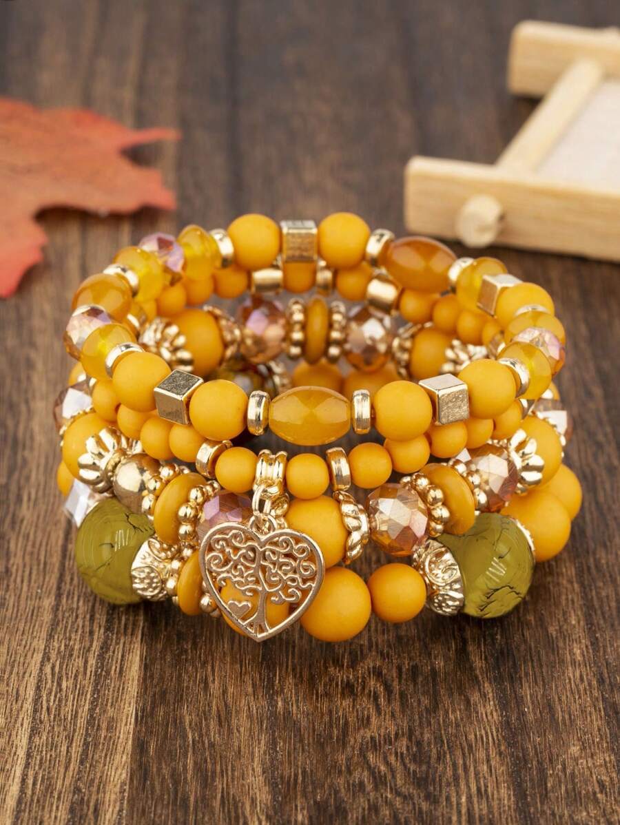 4 pièces Bracelet avec pendentifs en forme de cœur de style rétro, idéal pour la Saint-Valentin, la mère, la fête des mères, comme cadeau - Jaune citron - Voir 1