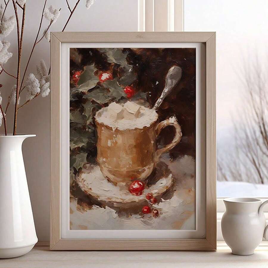 Hot Chocolate Print | Vintage Winter PRINTABLE Wall Art | Holiday Art Print | Cozy Seasonal Decor | Christmas Cocoa Painting | Set Of 1 , Canvas Posters, Canvas Wall Decor For Home, Living Room, Bed Room, Kitchen ,Bathroom,No Frame