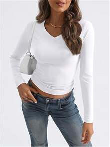 2025 Spring Fashion Women V-Neck Long Sleeve Basic Cropped Layering Y2K Style Top - White - View 4