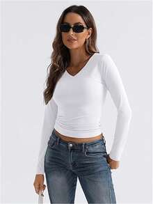 2025 Spring Fashion Women V-Neck Long Sleeve Basic Cropped Layering Y2K Style Top - White - View 5