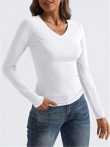 2025 Spring Fashion Women V-Neck Long Sleeve Basic Cropped Layering Y2K Style Top - White - View 3