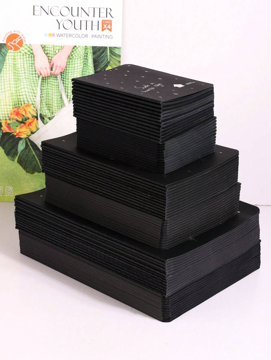 A5 纯黑色纸板笔记本，58 页空白内页黑色速写本，创意备忘本单本 - 黑色 - 查看 1