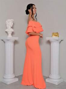 Formal Dress Off Shoulder Thigh Split Panty Dress Up Lurex Fabric - 珊瑚粉 - 查看 2