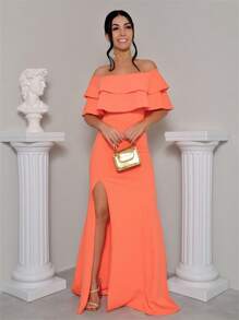 Formal Dress Off Shoulder Thigh Split Panty Dress Up Lurex Fabric - 珊瑚粉 - 查看 1