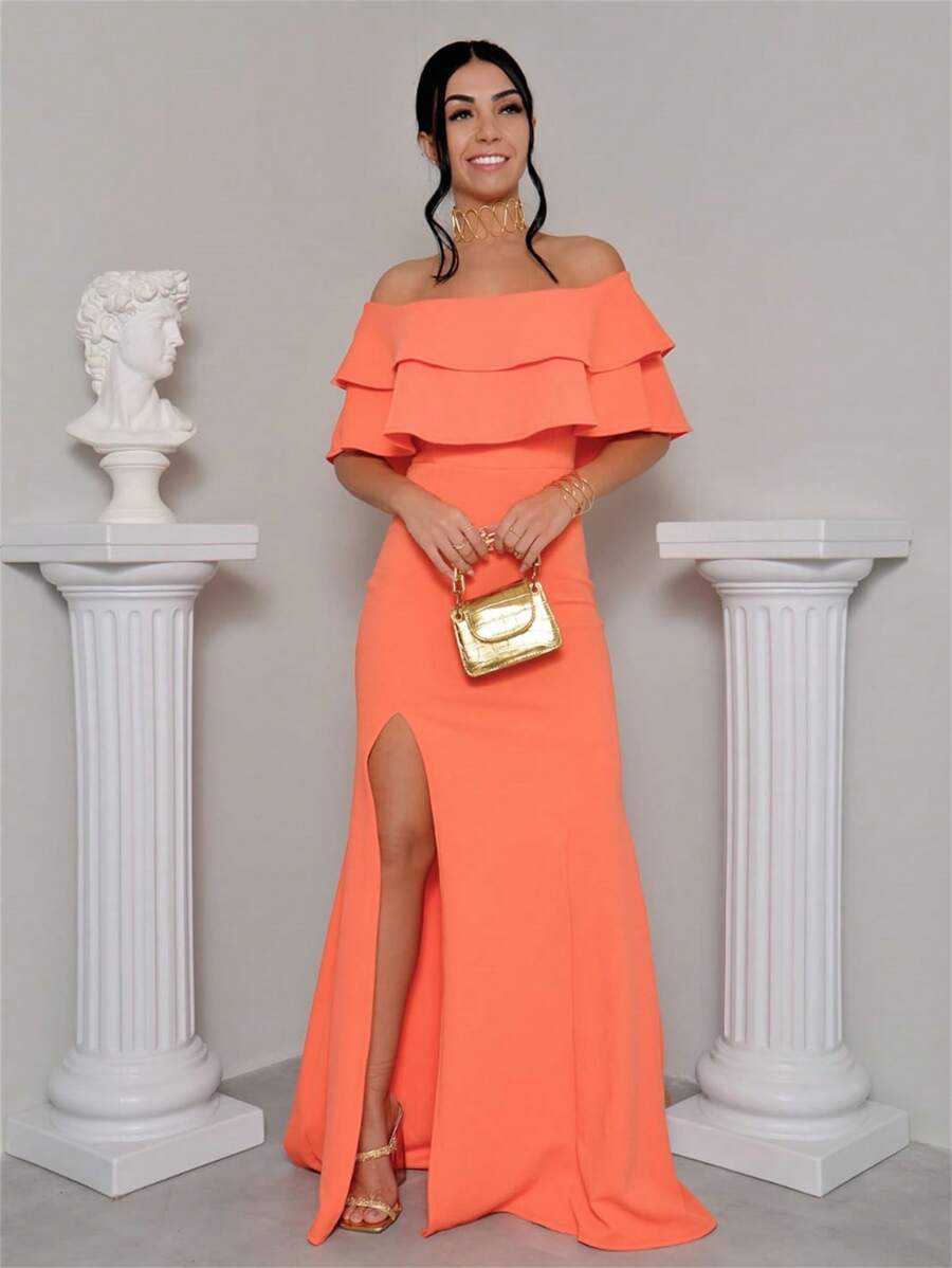 Formal Dress Off Shoulder Thigh Split Panty Dress Up Lurex Fabric - 珊瑚粉 - 查看 1