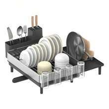 SONGMICS Dish Drainer Rack, Expandable Dish Drying Rack, Stainless Steel Kitchen Dish Rack With Rotatable Spout, Utensil, Cup, Glass, Cutting Board And Pan Holders, Silver And Black - Black - View 6