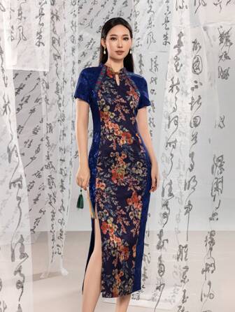 Short Sleeve Floral Designs Contrast Color New Chinese Style Cheongsam Qipao Dress