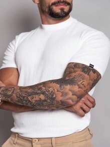 Slim Mid-Neck Ribbed T-Shirt With Elastane - White - View 3