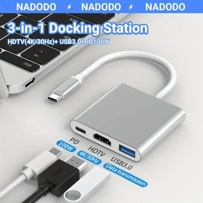  NADODO USB C 转 HDMI 多端口适配器，3 合 1 Type-C 集线器，带 Thunderbolt 3 转 HDMI 4K 输出/USB 3.0 端口/PD 100W 快速充电端口，Android 数字电视适配器兼容 Apple Laptop Pro、Air、投影仪、显示器