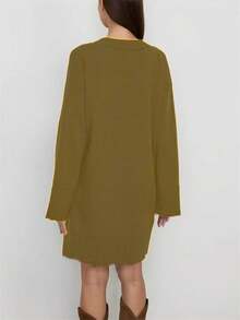 Váy len dài tay cổ chữ V màu trơn cỡ lớn, thường ngày đa năng, dành cho mùa đông - Màu Mù tạt vàng - Xem 4