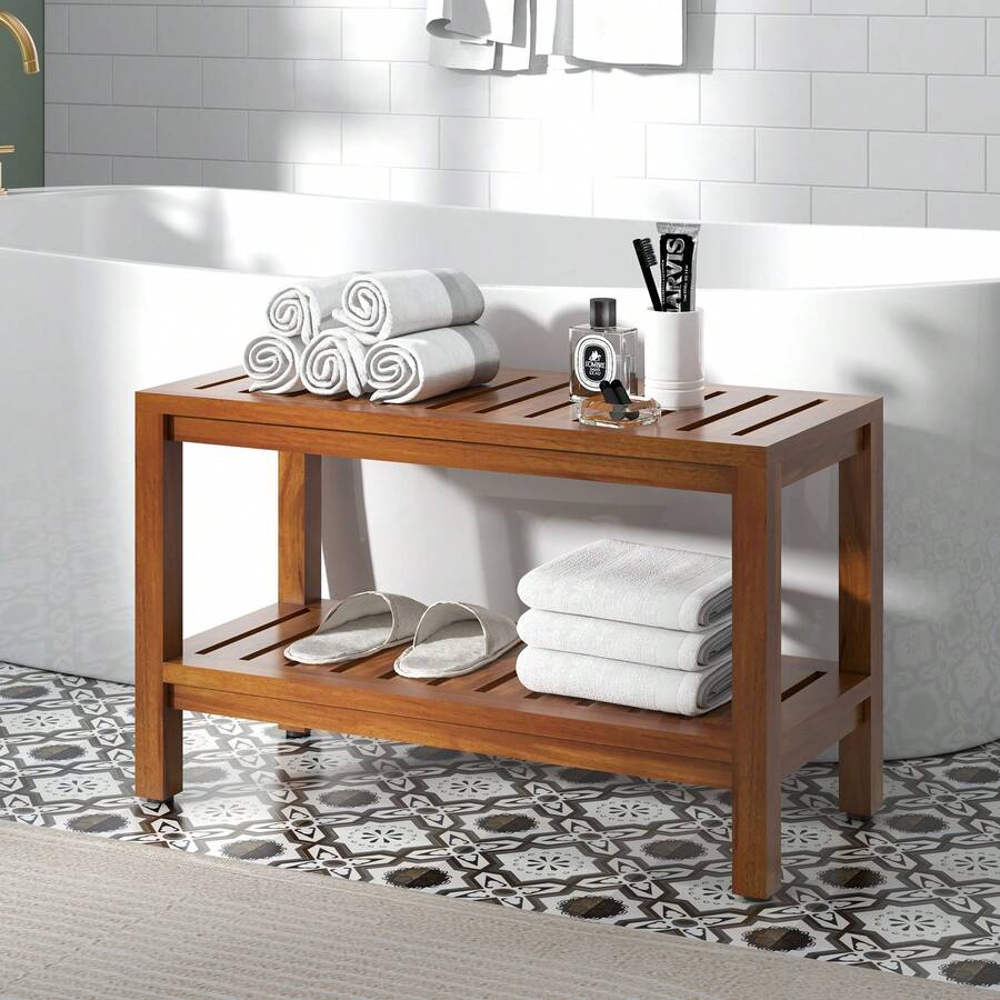 30''/36" Wooden Shower Bench Stool With Storage Shelf Waterproof Bathroom Bench ,Stable Structure, Two Sizes Available
