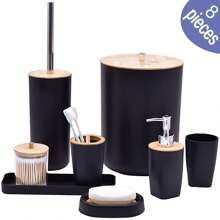 8 pièces, accessoires de salle de bain de luxe en plastique et bambou, distributeur de savon, porte-savon, porte-brosse de toilette, porte-brosse à dents, gobelet, plateau de vanité, distributeur de cotons-tiges, cadeau d'anniversaire, pendaison de crémaillère, Noël, coffret cadeau de vacances (blanc, noir et gris) Rentrée des classes