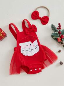 2 Stück Baby Mädchen Weihnachten lässige Romper ärmellos Weihnachtsmann Stickerei Romper mit Stirnband Kleidung Sets