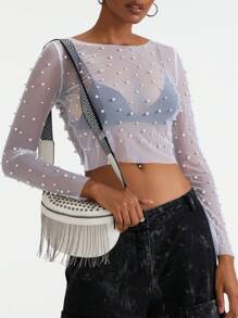 Women T-Shirt, Long Sleeve Crew Neck See-Through Pearls Slim Fit Ladies Tops For Club Party - White - View 8