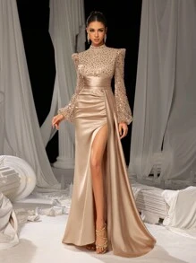 Elisanya 优雅立领灯笼袖亮片紧身胸衣美人鱼下摆晚礼服、婚礼活动礼服、长袖正式舞会礼服、婚礼嘉宾礼服、毕业典礼礼服、晚宴礼服 - 香檳色 - 查看 2