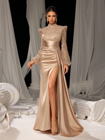 Faeriesty Vestido de noche elegante con cuello de tortuga, mangas farol, Body con lentejuelas y falda de cola de sirena, vestido de boda, vestido formal de gala de manga larga para invitado de boda, graduación, cena