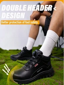 Unisex Leather Rotating Button Comfortable Safety Shoes, High Top Safety Boots, Steel Toe Shoes, Anti-Crush Anti-Puncture Protection Hiking Boots, Unisex Design, Waterproof, Anti-Skid, Wear-Resistant Work Shoes, Suitable For All Seasons, Black