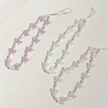 1 件新鲜水晶珍珠蝴蝶手机挂绳链，手机壳配件吊坠 - 藍白色 - 查看 1